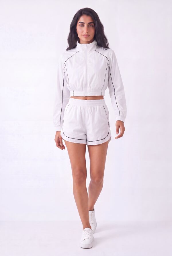 White Cropped Zip-Up Track Jacket And Running Shorts