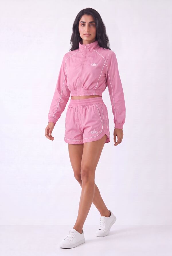 Pink Cropped Zip-Up Track Printed Jacket And Running Shorts