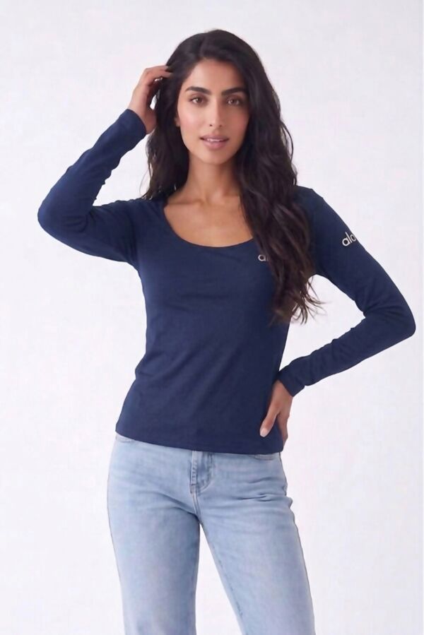 Navy Printed Long Sleeve Scoop Neck Fitted Top