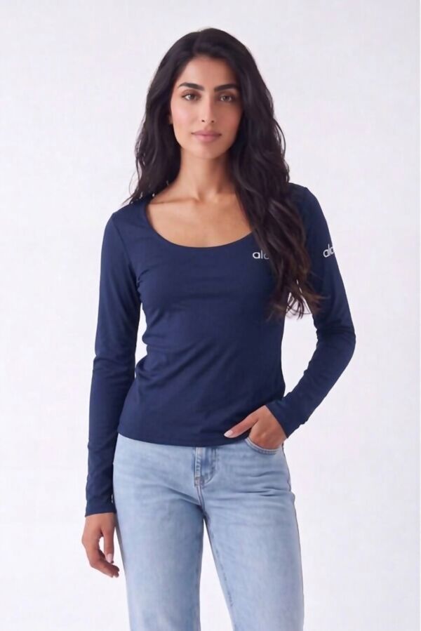 Navy Printed Long Sleeve Scoop Neck Fitted Top