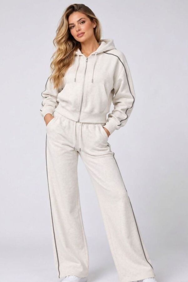 Cream Hooded Zip-Up & Stripe Detail Jogger Tracksuit Set