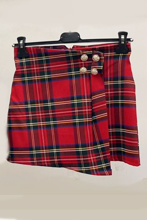 Red Tartan Plaid Gold Buttons Mini Skirt