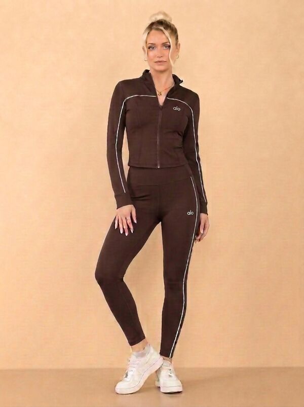 Chocolate Printed Striped Long Sleeve Active Top And Legging Energy Gym Set