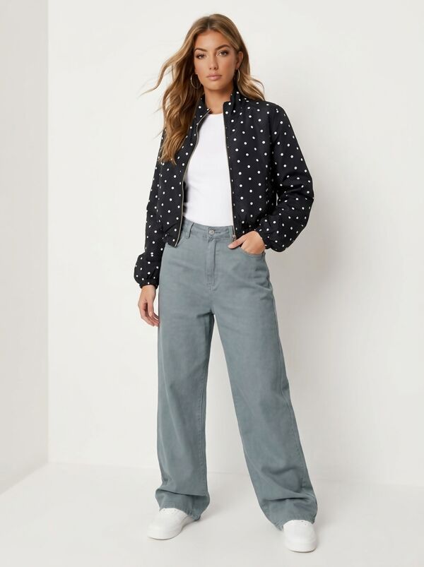 White Polka Dot Bubble Hem Zip Windbreaker Jacket