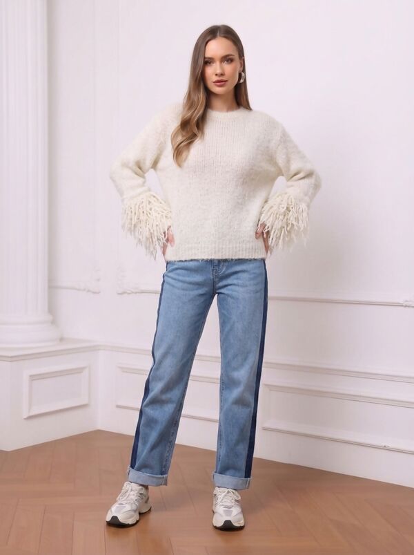 Fringe Sleeve Chunky Knitted Jumper