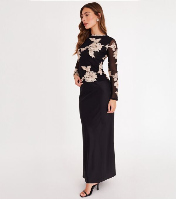 Long Sleeve Mesh Floral Applique Top