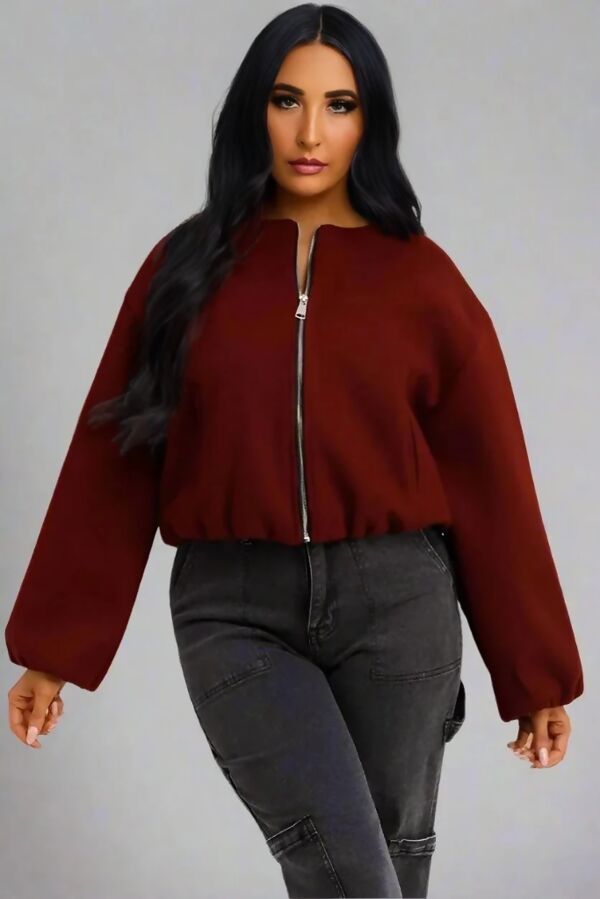 Cropped Puff Sleeve Zip Up Bomber Jacket