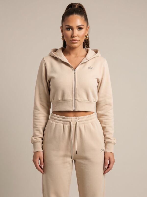 Beige Printed Cropped Hoodie and Joggers Co-Ord