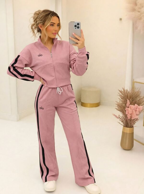 Pink Printed Interlock 2 Stripe Sweatshirt With Wide Leg Trouser