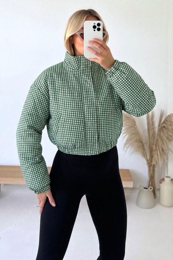 Wine Zip Up Gingham High-Neck Cropped Jacket