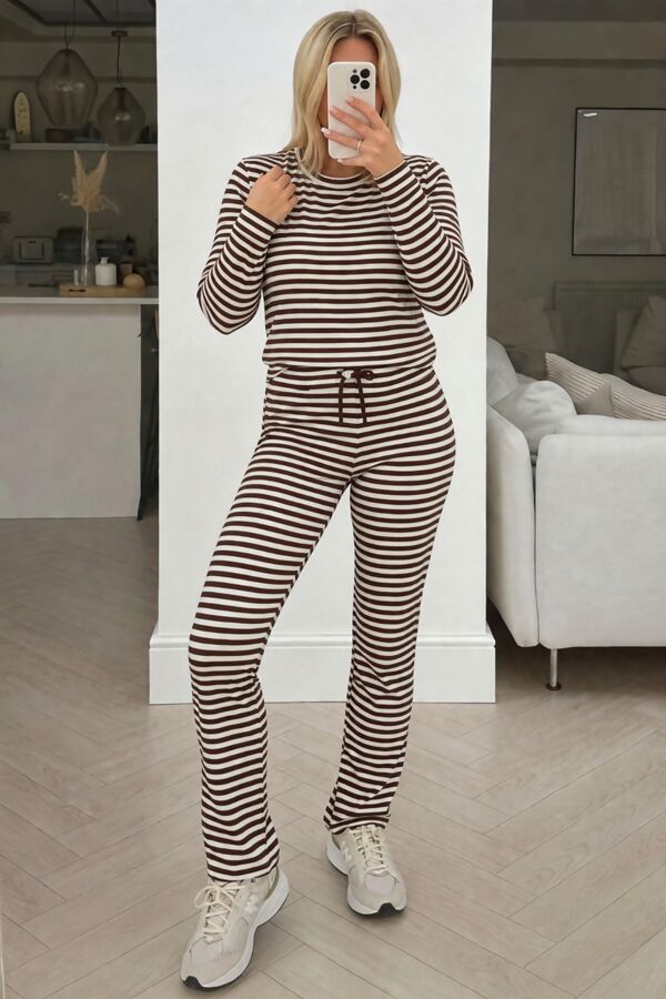 Navy and White Striped Long Sleeve Top and Wide Leg Trouser Co-Ord Set