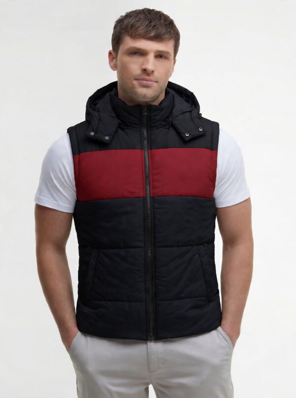 Black and Red Hooded Padded Puffer Gilet