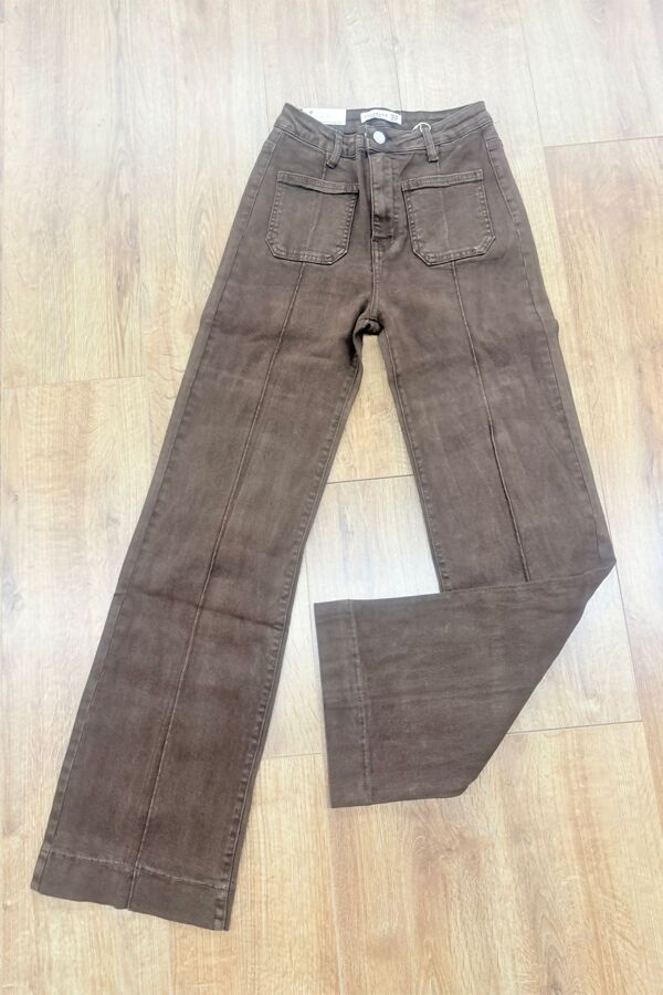 Brown High Waist Studded Utility Pocket Wide Leg Jeans