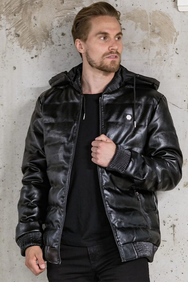 Black Pu Bubble Jacket With Detachable Hood