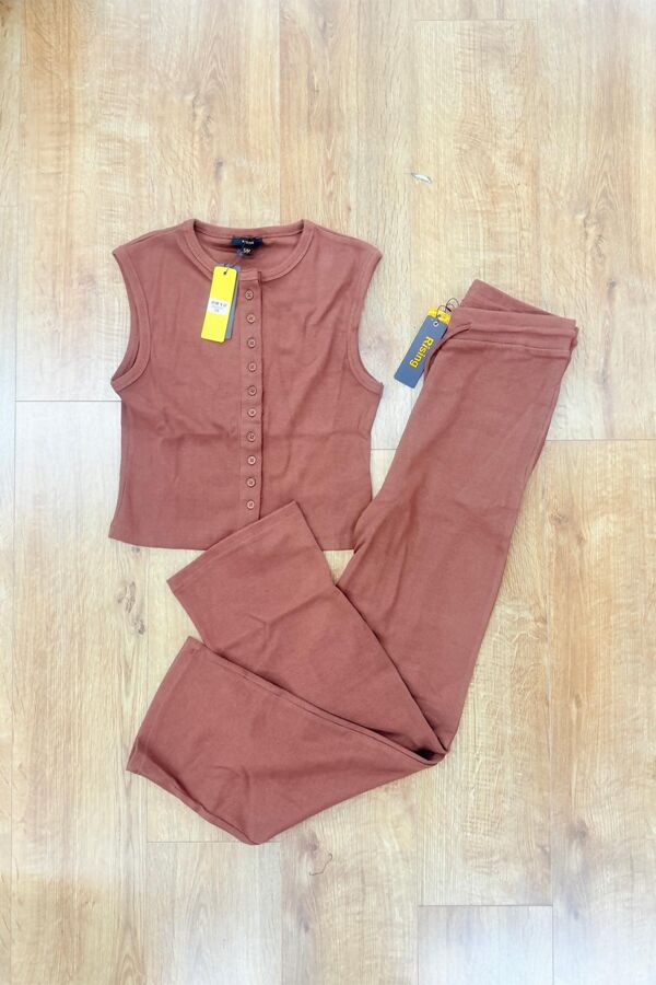 Brown Ribbed Sleeveless Button Up Top With Wide Leg Trouser
