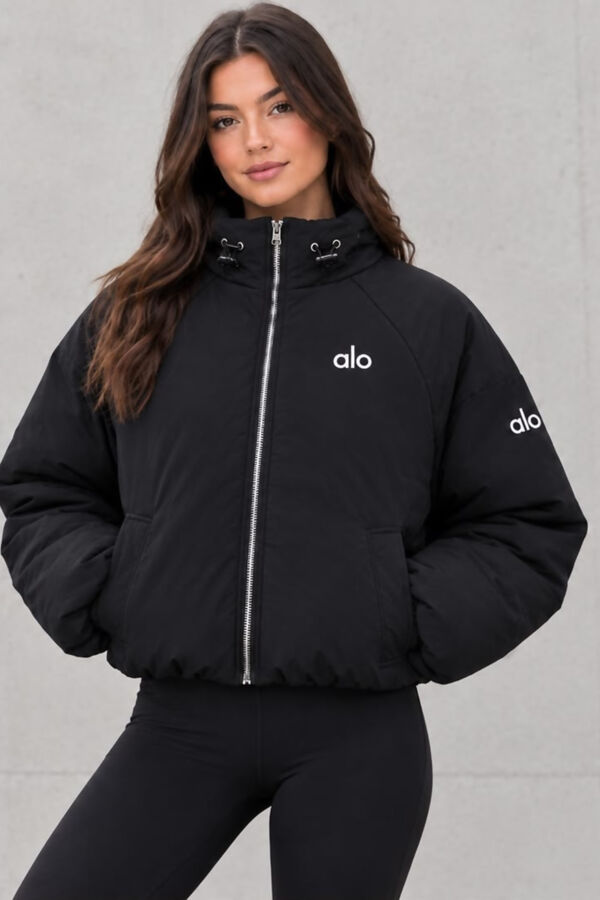 Black Zip Up Cropped Printed Puffer Jacket
