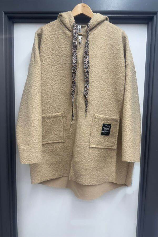 Oversized Teddy Fleece Hoodie With Leopard Print Drawstrings