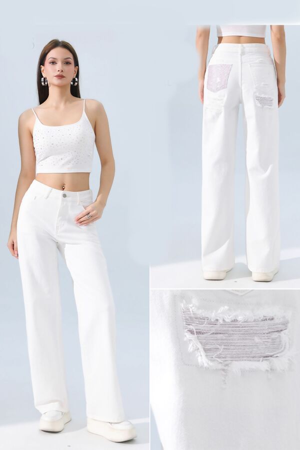 White Distressed Denim With Rhinestone Back Pocket Jean