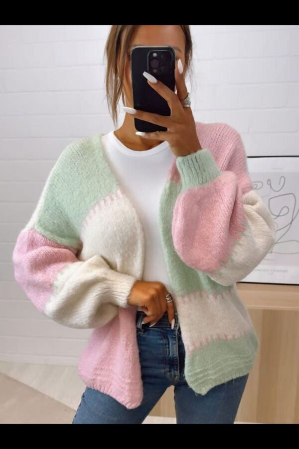 Long Sleeve Block Knitted Short Cardigan
