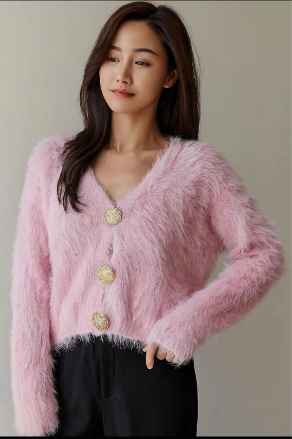 Gold Button Fuzzy Knit Cardigan