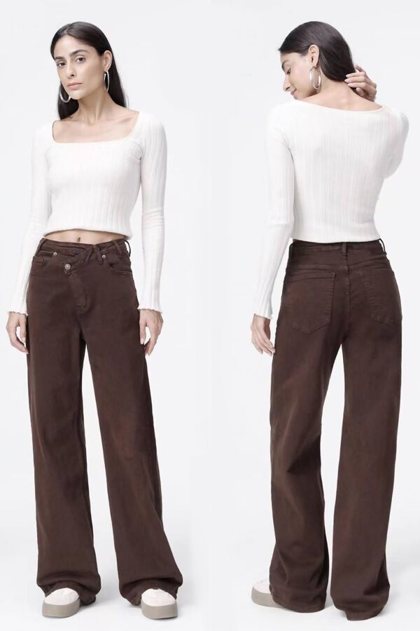 Brown High Asymmetric Waist Wide Leg Jeans