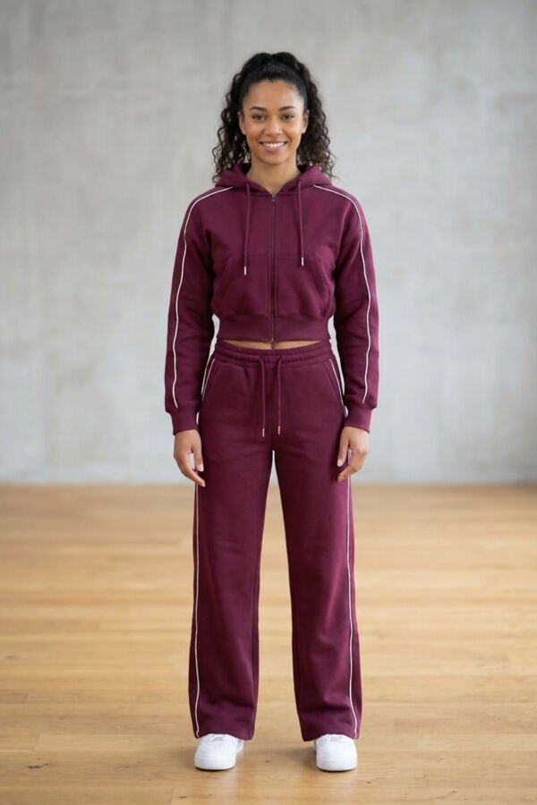 Wine Hooded Zip-Up & Stripe Detail Jogger Tracksuit Set