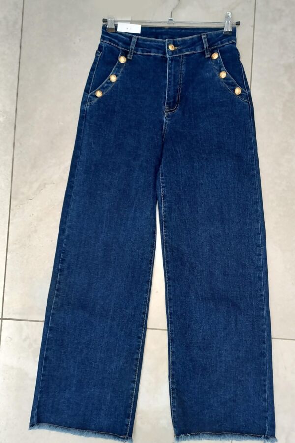 Dark Blue Gold Button With Raw Hem Jeans