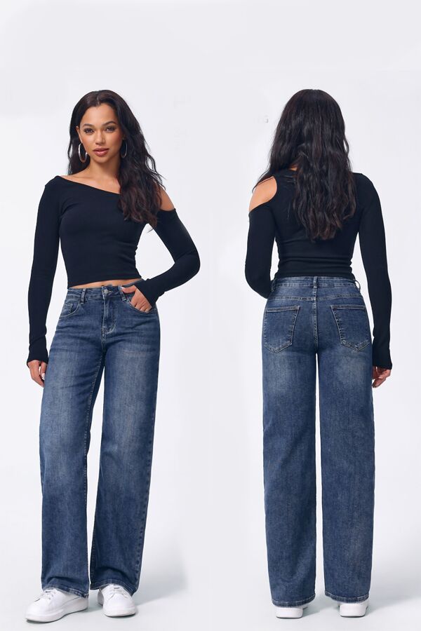 Blue Low Waist Casual Relaxed Fit Wide Leg Jeans