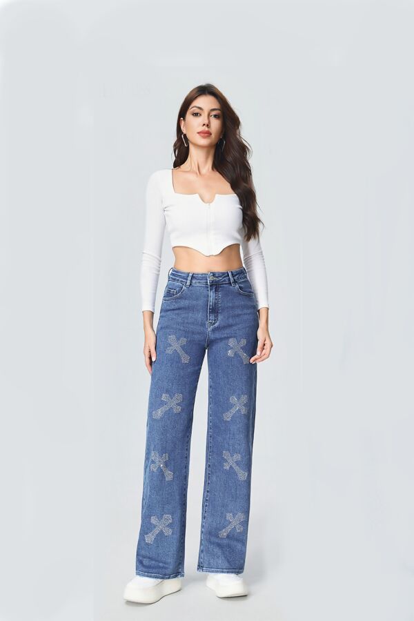 Blue Rhinestone Cross Wide Leg Denim Jeans