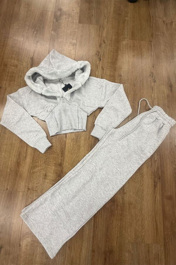 Bleach Grey Corset Fit Edge Fur Hoodie With Straight Leg Trouser