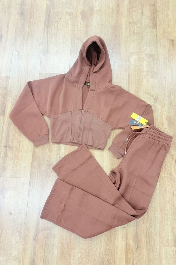 Brown Ribbed Corset Fit Hoodie With Straight Leg Trouser