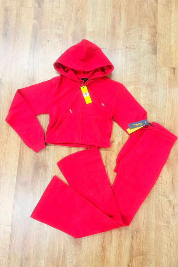 Red Cropped Zipped Hoodie With Bell Bottom Trouser