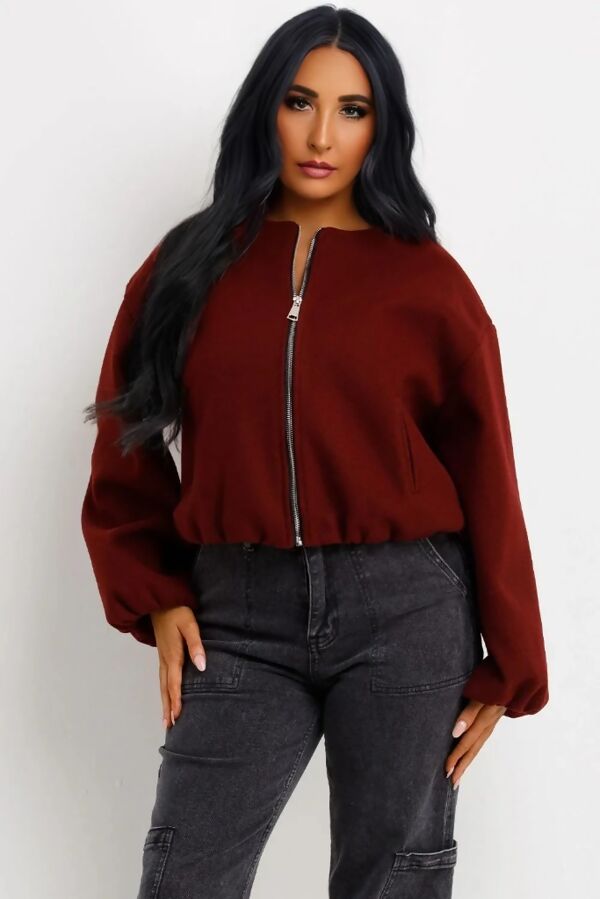 Cropped Puff Sleeve Zip Up Bomber Jacket