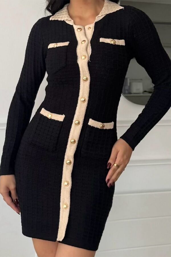 Black Long Sleeve Knitted Gold Button Front Bodycon Dress