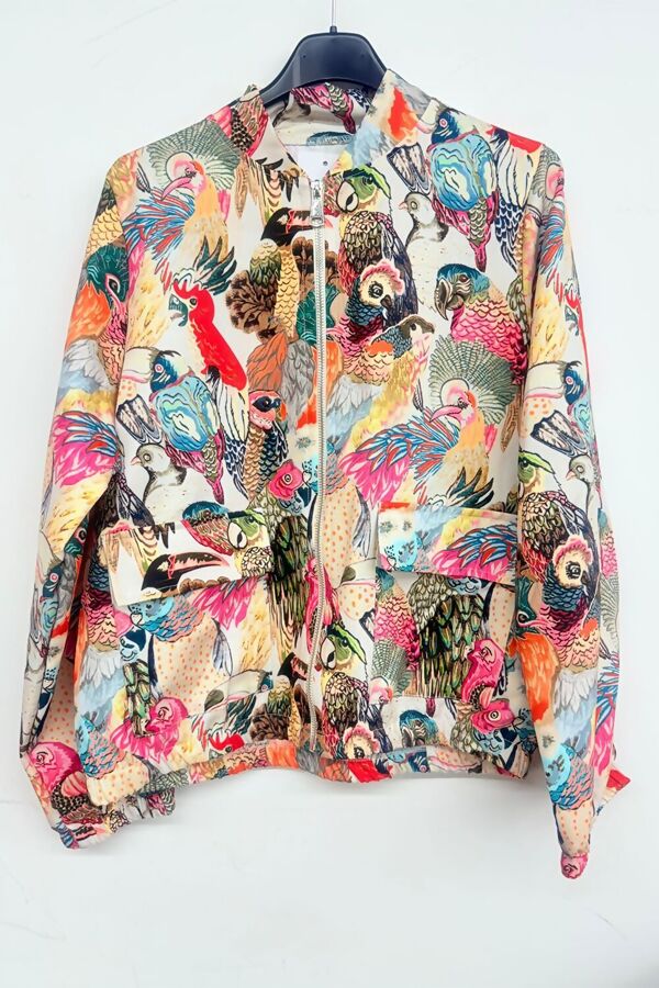 Beige Vibrant Bird Print Bomber Jacket