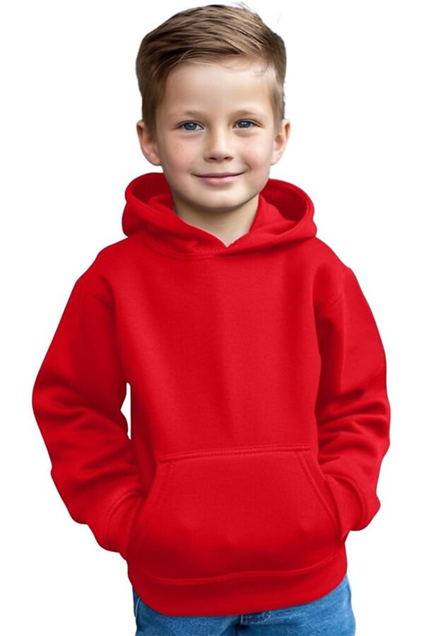 Red Kids Casual Fleece Pullover Plain Hoodie