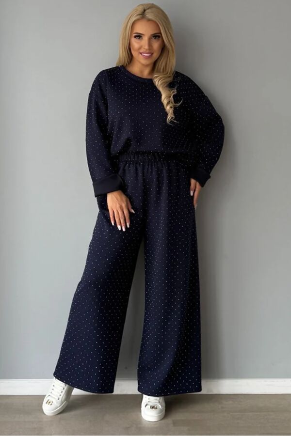 Long Sleeve Relaxed Fit Glitter Dot Sweatshirt With Wide Leg Trouser