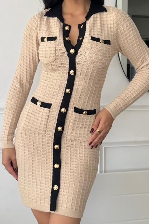 Beige Long Sleeve Knitted Gold Button Front Bodycon Dress