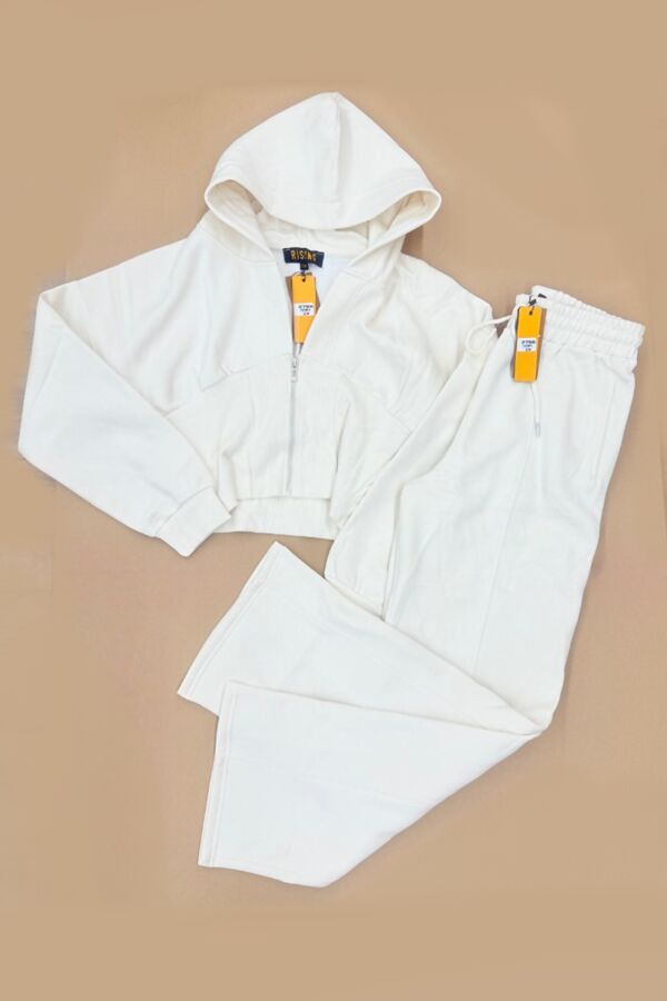 Ivory Ribbed Corset Fit Hoodie With Straight Leg Trouser