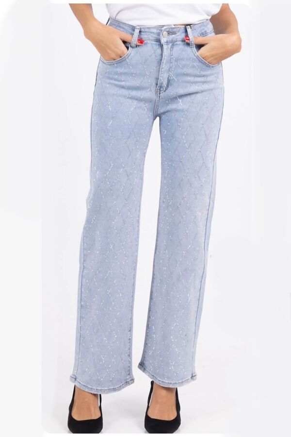 Blue High Waist Diamante Straight Leg Jeans