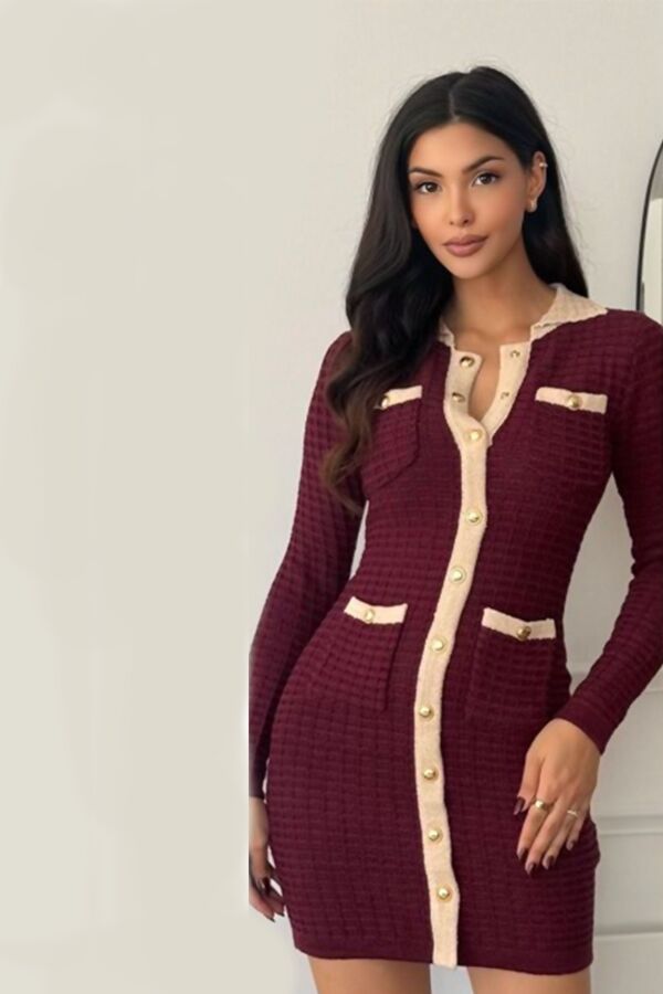 Wine Long Sleeve Knitted Gold Button Front Bodycon Dress