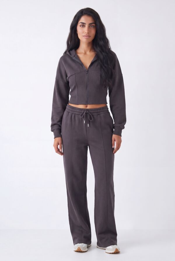 Slate Grey Ribbed Corset Fit Hoodie With Straight Leg Trouser
