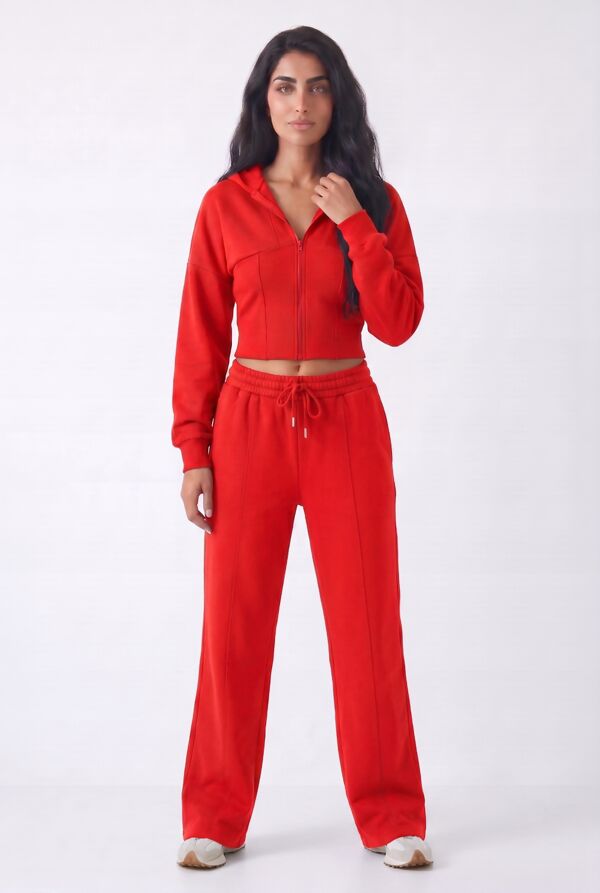 Red Ribbed Corset Fit Hoodie With Straight Leg Trouser