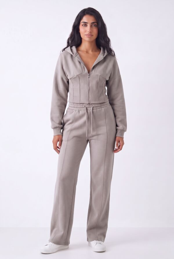 Dove Grey Ribbed Corset Fit Hoodie With Straight Leg Trouser