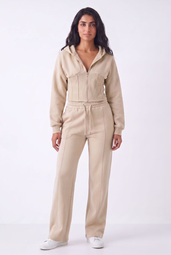 Oatmeal Ribbed Corset Fit Hoodie With Straight Leg Trouser
