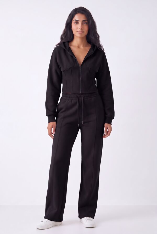 Black Ribbed Corset Fit Hoodie With Straight Leg Trouser
