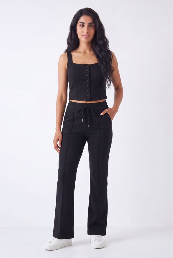 Black Interlock Molly Button Tank Top With Flare Trouser