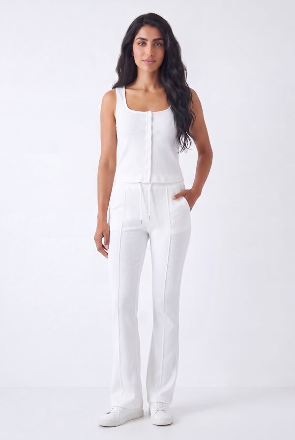 White Interlock Molly Button Tank Top With Flare Trouser