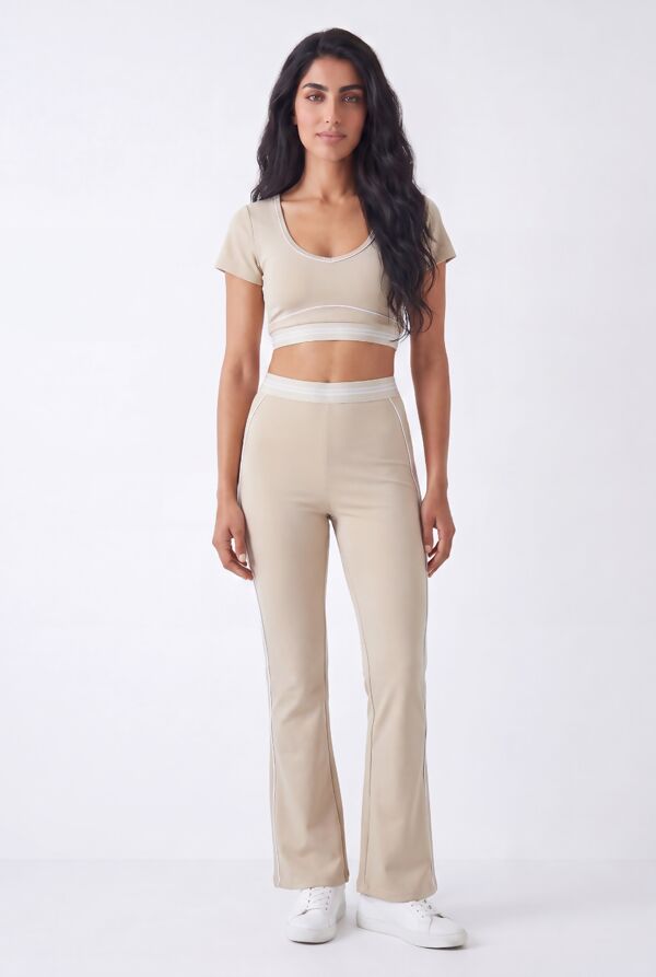 Beige V Neck Crop Top With High Waist Flare Leggings
