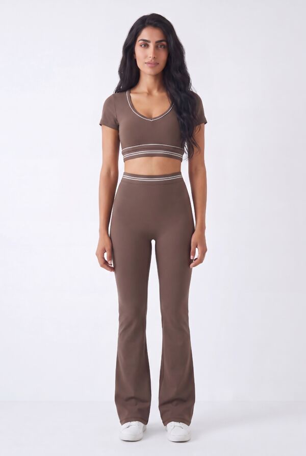 Brown V Neck Crop Top With High Waist Flare Leggings